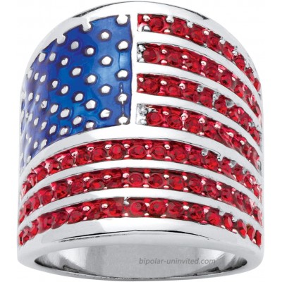 Palm Beach Jewelry Silver Tone Round Simulated Red Ruby and Enamel American Flag Ring