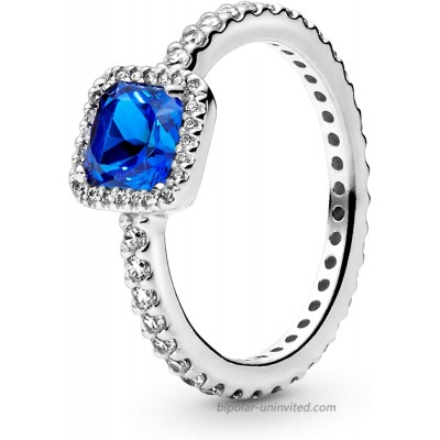 Pandora Jewelry Blue Square Sparkle Halo Crystal and Cubic Zirconia Ring in Sterling Silver Size 7