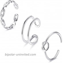 PATISORNA 3 Pcs 925 Sterling Silver Open Rings Set for Women Simple Band Open Ring Arrow Knot Wave Rings Stackable Thumb Knuckle Rings Hypoallergenic Adjustable Wide Band Line Rings