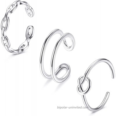 PATISORNA 3 Pcs 925 Sterling Silver Open Rings Set for Women Simple Band Open Ring Arrow Knot Wave Rings Stackable Thumb Knuckle Rings Hypoallergenic Adjustable Wide Band Line Rings