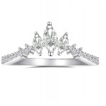 Rhodium Plated Sterling Silver Tiara & Crown Dainty Curved Wedding Band Ring Marquise Cut 3-Stone V Arched Promise Ring