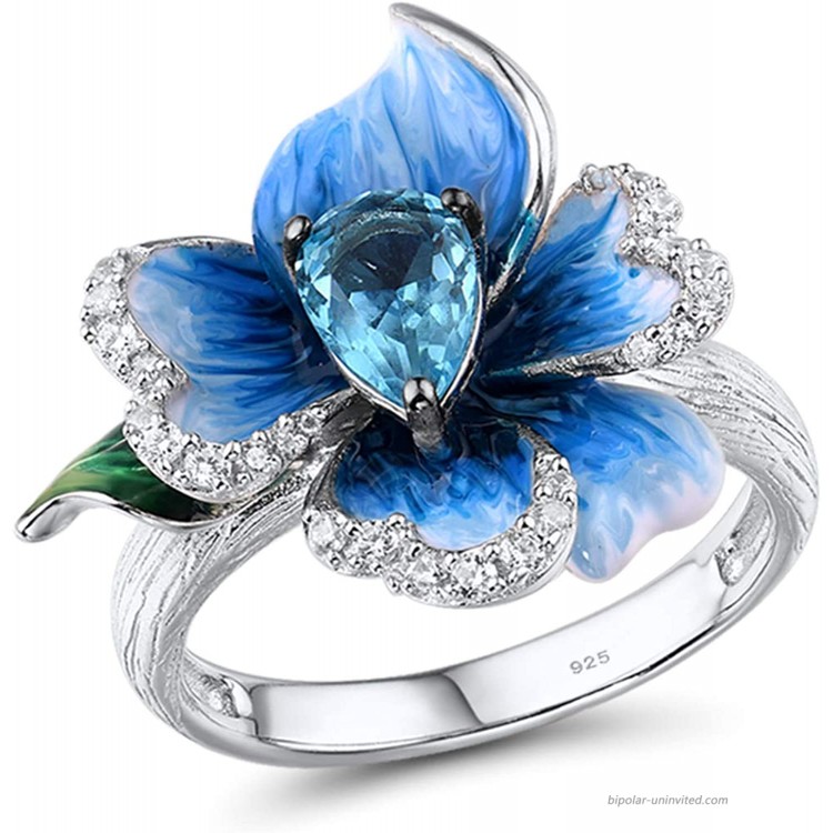 Santuzza Heart Shape Flower Rings 925 Sterling Silver Exquisite Blue Clover Enamel Ring Fine Jewelry for Women