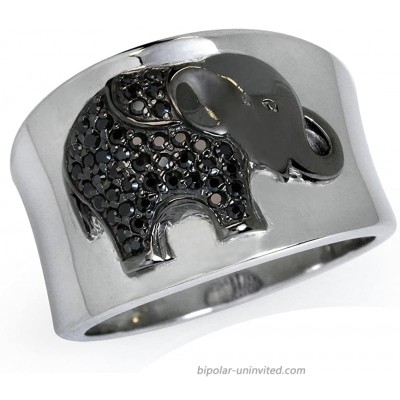 Silvershake Black Cubic Zirconia White Gold Plated 925 Sterling Silver Elephant Embossed Ring Size 7