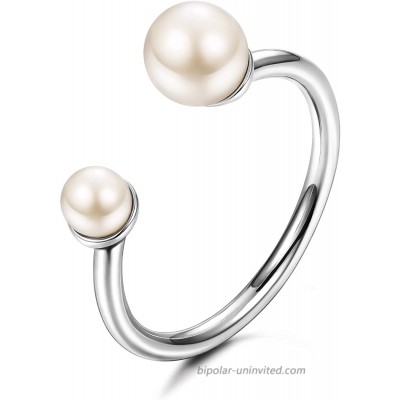 Sllaiss 925 Sterling Silver Pearl Open Ring Double Pearl Adjustable Ring for Women Girls