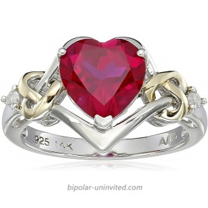 Sterling Silver and 14k Yellow Gold Diamond and Heart Shaped Created Ruby Ring