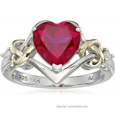 Sterling Silver and 14k Yellow Gold Diamond and Heart Shaped Created Ruby Ring