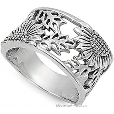 Sterling Silver Women's Sunflower Ring Flower 925 Wide Band 14mm Size 10