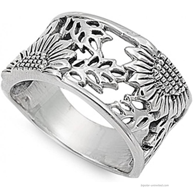 Sterling Silver Women's Sunflower Ring Flower 925 Wide Band 14mm Size 10