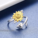 Sunflower Initial Adjustable Ring for Women - 925 Sterling Silver Flower Wrap Twist Ring Jewelry Gift for Mother Daughter Girlfriend K