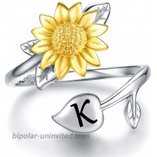 Sunflower Initial Adjustable Ring for Women - 925 Sterling Silver Flower Wrap Twist Ring Jewelry Gift for Mother Daughter Girlfriend K