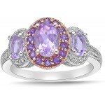 Two Tone 10K Rose Gold & .925 Sterling Silver Oval Cut Rose de France Amethyst and White Topaz Three Stone Halo Engagement Ring - Size 7 |