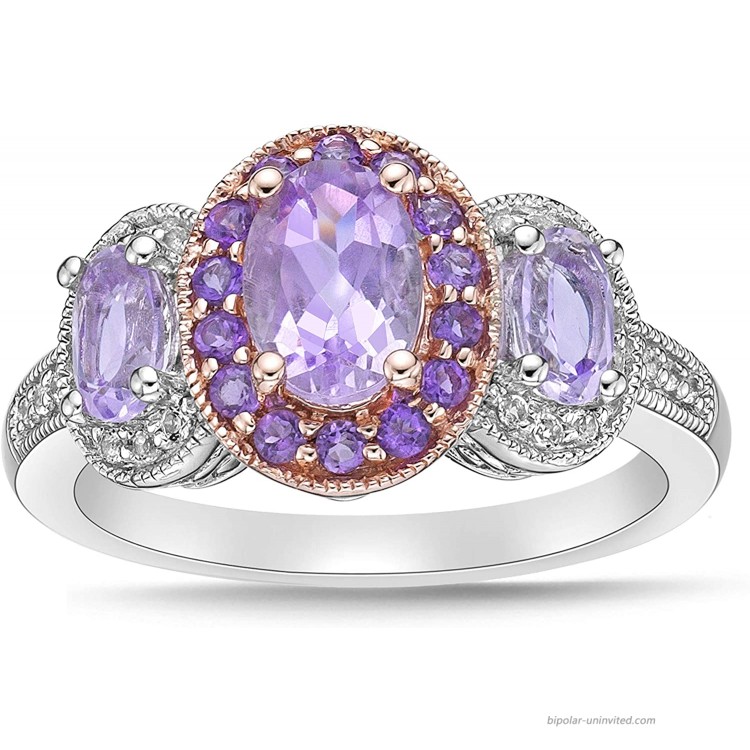 Two Tone 10K Rose Gold & .925 Sterling Silver Oval Cut Rose de France Amethyst and White Topaz Three Stone Halo Engagement Ring - Size 7 |