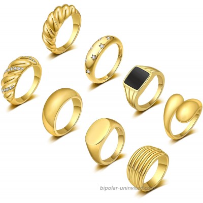 WFYOU 8PCS 18K Gold Plated Chunky Rings for Women Girls Thick Dome Chunky Gold Ring Set Croissant Signet Minimalist Statement Ring Jewelry Size 5-9