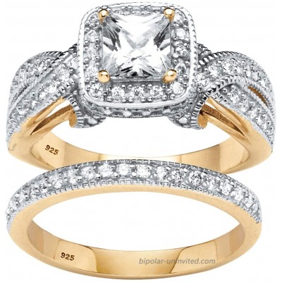 18K Yellow Gold over Sterling Silver Princess Cut Cubic Zirconia Halo Bridal Ring Set