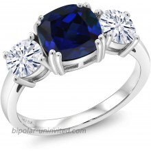 925 Sterling Silver Blue Created Sapphire and Forever Classic Created Moissanite 3-Stone Women Engagement Ring Cushion Cut 3.50 Cttw by Charles & Colvard Available in size 5 6 7 8 9 |