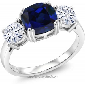 925 Sterling Silver Blue Created Sapphire and Forever Classic Created Moissanite 3-Stone Women Engagement Ring Cushion Cut 3.50 Cttw by Charles & Colvard Available in size 5 6 7 8 9 |
