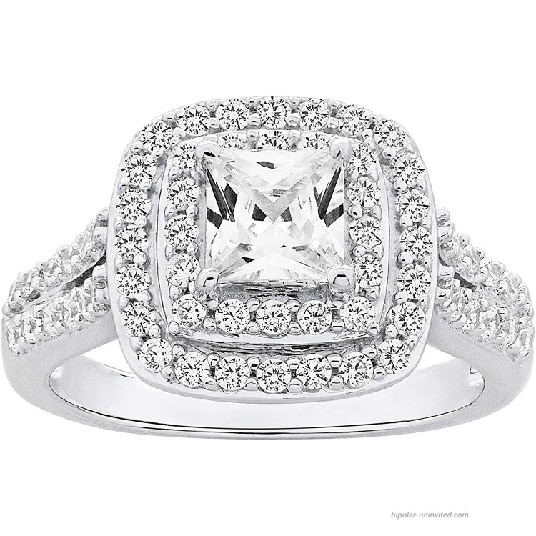 .925 Sterling Silver Cushion Cut Cubic Zirconia Split Shank Double Halo Engagement Ring |