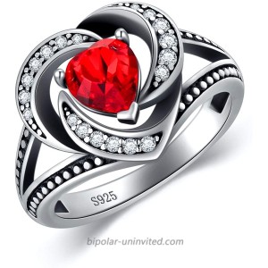 925 Sterling Silver Vintage Style Halo Heart Rings for Women with Simulated Ruby Red Austrian Crystal Size 6-8