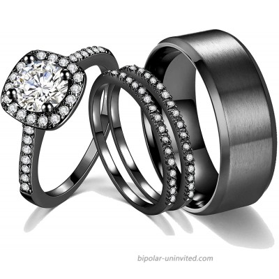 Ahloe Jewelry 2Ct 18k Black Gold Wedding Ring Sets for Women and Men Hers His Titanium Bands Stainless Steel Couple Rings Cz Size 10&8