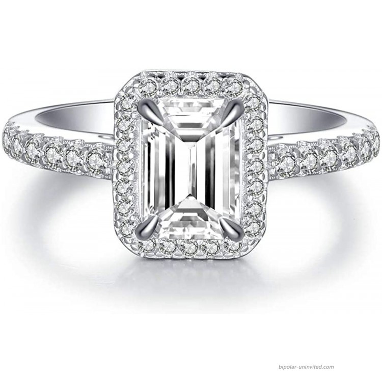 BeFab Silver 1.0 Ct 7x5mm Emerald Cut Engagement Ring Accented Halo Wedding Ring Half Eternity Radiant Cut Anniversary Ring