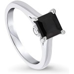 BERRICLE Rhodium Plated Sterling Silver Black Princess Cut Cubic Zirconia CZ Solitaire Promise Wedding Ring 1.3 CTW