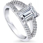 BERRICLE Rhodium Plated Sterling Silver Emerald Cut Cubic Zirconia CZ Solitaire Promise Wedding Engagement Split Shank Ring 2.9 CTW |
