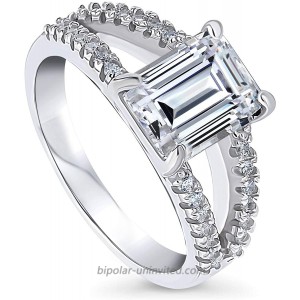 BERRICLE Rhodium Plated Sterling Silver Emerald Cut Cubic Zirconia CZ Solitaire Promise Wedding Engagement Split Shank Ring 2.9 CTW |