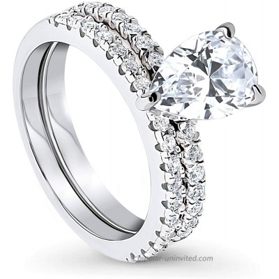BERRICLE Rhodium Plated Sterling Silver Pear Cut Cubic Zirconia CZ Solitaire Wedding Engagement Ring Set 2.4 CTW