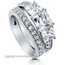 BERRICLE Rhodium Plated Sterling Silver Princess Cut Cubic Zirconia CZ 3-Stone Anniversary Wedding Engagement Ring Set 3.7 CTW |