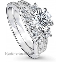 BERRICLE Rhodium Plated Sterling Silver Round Cubic Zirconia CZ 3-Stone Anniversary Wedding Engagement Ring Set 1.9 CTW