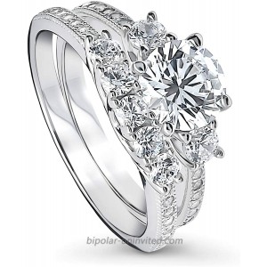 BERRICLE Rhodium Plated Sterling Silver Round Cubic Zirconia CZ 3-Stone Anniversary Wedding Engagement Ring Set 1.9 CTW