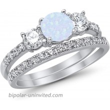 Blue Apple Co. 3-Stone Wedding Bridal Set Ring Band Round Created Opal CZ 925 Sterling Silver Choose Color