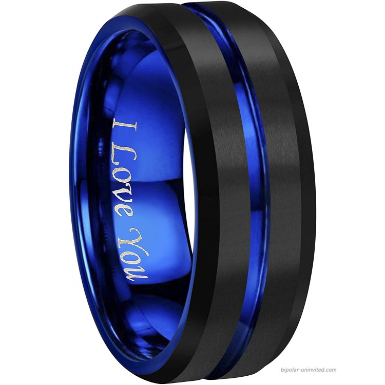 CROWNAL 4mm 6mm 8mm 10mm Blue Rose Gold Groove Black Matte Finish Tungsten Carbide Wedding Band Ring Engraved I Love You Size 4 to 17