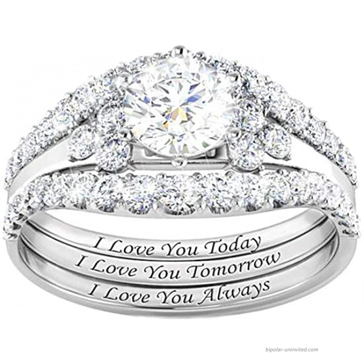 Cuteshop Engagement Wedding Ring Set for Women 925 Sterling Silver 3pcs Round White AAA Cz Crystal Ring Engraved I Love You Today Tomorrow and Always Ring Set 8