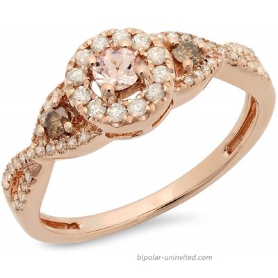 Dazzlingrock Collection 10K Round Morganite Champagne & White Diamond Ladies 3 Stone Swirl Halo Bridal Engagement Ring Rose Gold |