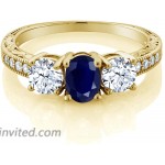 Gem Stone King 2.64 Ct Oval Blue Sapphire 18K Yellow Gold Plated Silver 3-Stone Engagement Ladies Ring Available 5 6 7 8 9 |