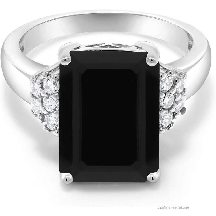Gem Stone King 925 Sterling Silver Black Onyx Women's Engagement Ring 5.30 Cttw Emerald Cut 14X10MM Gemstone Birthstone Available in size 5 6 7 8 9 |