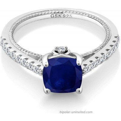 Gem Stone King 925 Sterling Silver Blue Sapphire and White Created Sapphire Women's Engagement Ring 2.30 Cttw Cushion Cut Available in size 5 6 7 8 9 |