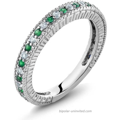 Gem Stone King 925 Sterling Silver Green Simulated Emerald and White Created Sapphire Anniversary Wedding Band Ring For Women 0.48 Cttw Available 5 6 7 8 9 Size 9