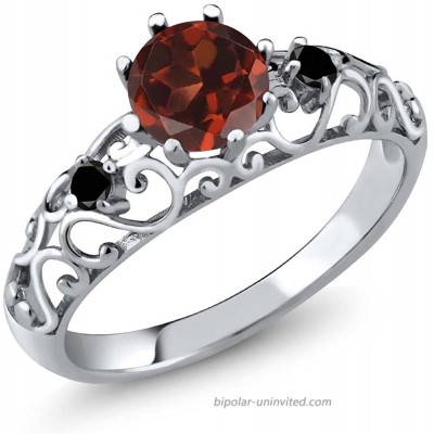 Gem Stone King 925 Sterling Silver Red Garnet and Black Diamond Women's Engagement Ring 1.11 Cttw Available 5 6 7 8 9 |