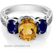 Gem Stone King 925 Sterling Silver Yellow Citrine and Blue Sapphire 3-Stone Women's Engagement Ring 2.25 Ct Oval Available 5 6 7 8 9 |