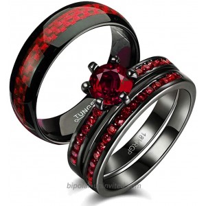 Gy Jewelry Two Rings His and Hers Wedding Ring Sets Couples Rings Women's 2PC Black Gold Filled Red Agate Cubic Zirconia Wedding Engagement Ring Bridal Sets & Men's Tungsten Carbide Wedding Band
