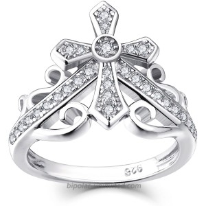 JO WISDOM 925 Sterling Silver Cubic Zirconia Cross Crown Women Ring with White Gold Plated Size 8