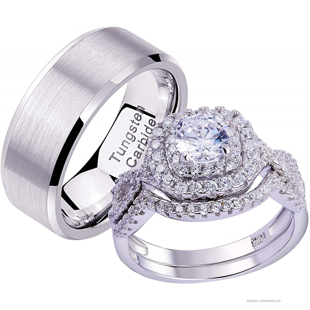 Newshe Women's Sterling Silver Wedding Rings Set Men's Tungsten Bands Couple Set
