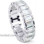 Savlano 18K White Gold Plated Cubic Zirconia 4x6MM Emerald Cut Eternity Ring Band for Women Men