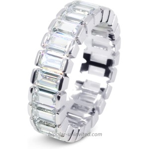Savlano 18K White Gold Plated Cubic Zirconia 4x6MM Emerald Cut Eternity Ring Band for Women Men