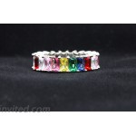 Savlano 18K White Gold Plated Cubic Zirconia Emerald Cut Multicolor Rainbow Eternity Ring Band