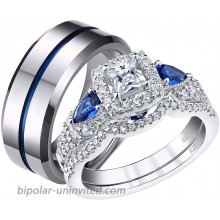 SHELOVES Wedding Rings Set for Couple Womens Cz Sterling Silver Mens Blue Tungsten Bands Him and Her 7+11