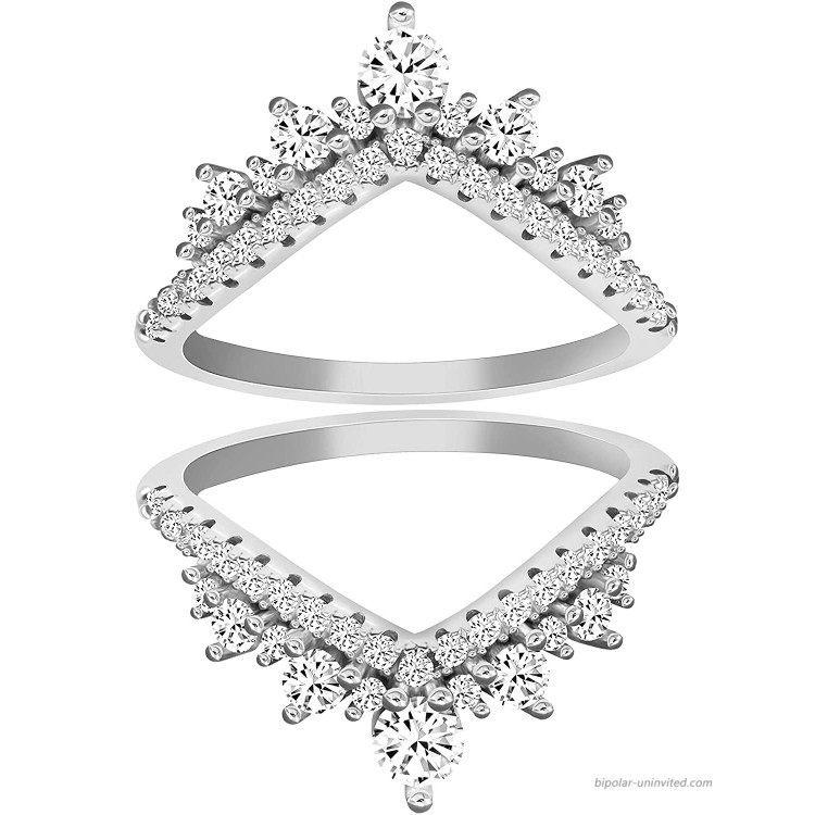 Uloveido 925 Sterling Silver Round CZ Crown Wedding Engagement Ring Guard Enhancer 2pcs V-Shape Stack Rings Set Y1027