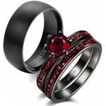 wedding ring set Two Rings His Hers Couples Matching Rings Women's 2pc Black Gold Filled Red CZ Wedding Engagement Ring Bridal Sets Men's Titanium Wedding Band